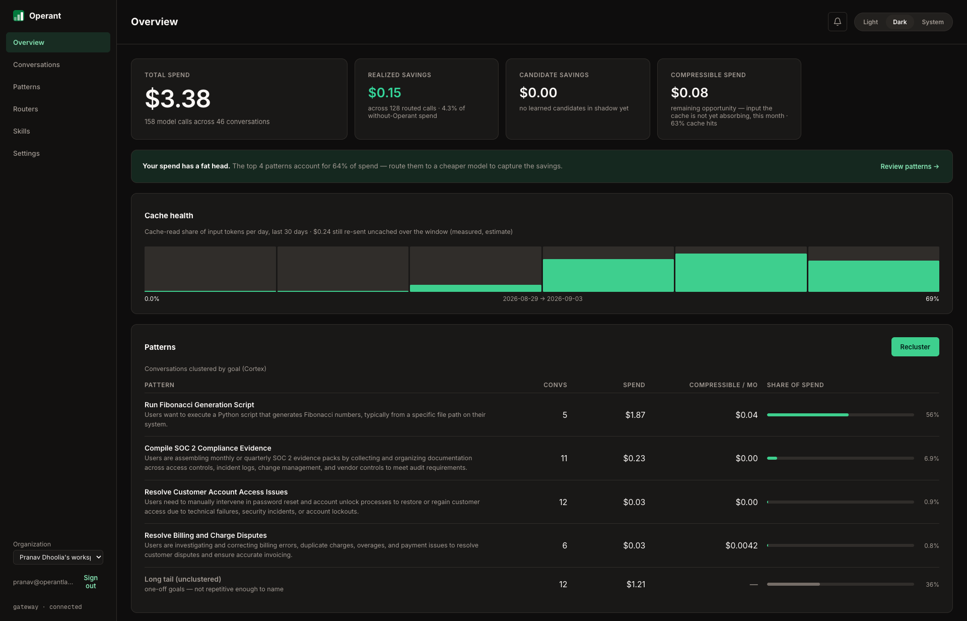Operant console overview, drilling into a conversation savings ledger